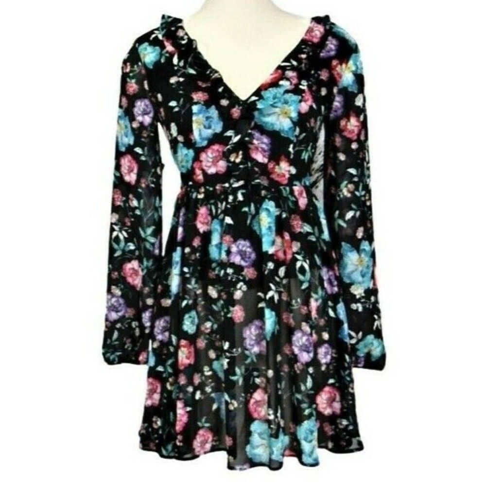 Mini Dress Long Sleeve V-Neck & Back Back Zip Cottagecore Black Floral Sz Jrs 00